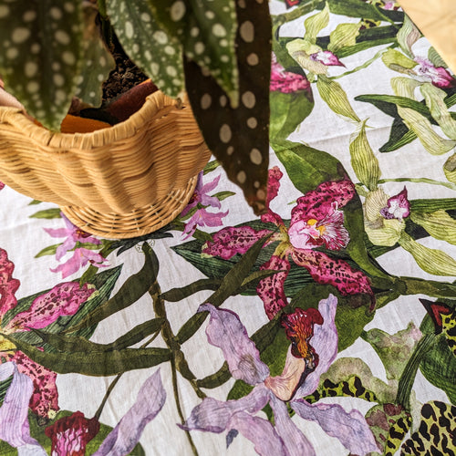 Beautiful Linen Napkins, Tablecloths, napkins, and Tableware featuring Singapore and South East Asian Flowers and Orchids, by artist Fleur Kakasi