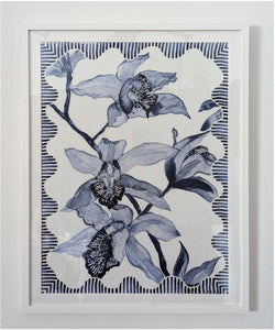 Framed Tea Towel - Indigo Orchids